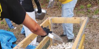 MORI volunteers build a vertical oyster garden from recycled shells.. Photo by MORI Photos